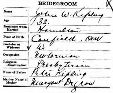 From the record of his wedding, it can be seen that he was the son of Peter Kipling (1852, Ont) who was a farmer of North Cayuga, around 25 miles south of Hamilton.