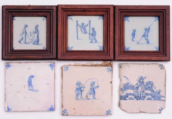 583. A mixed group of Dutch delft tiles painted in blue with figural subject matter including children s games, ball sports, fishing, archery, equestrian groups and others, 18th century and later,