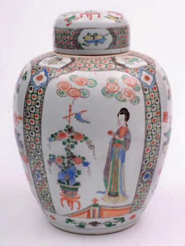 A Chinese porcelain oviform jar and domed cover enamelled in the famille verte palette