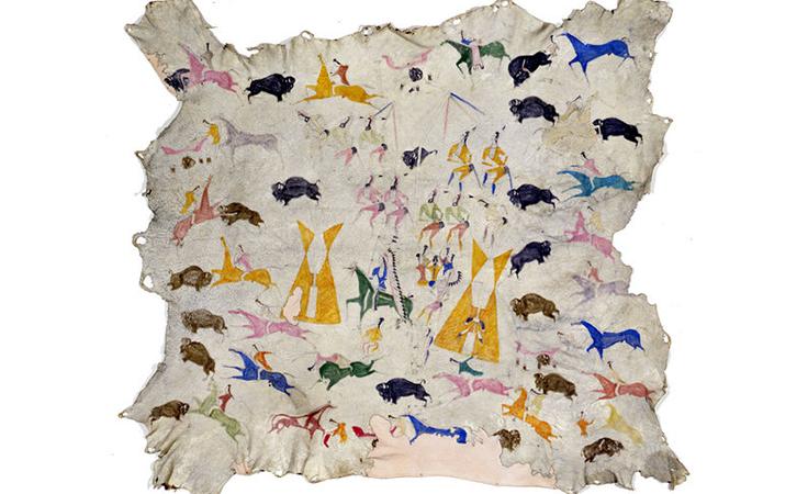 Painted elk hide Attributed to Cotsiogo (Cadzi Cody) Eastern Shoshone Wind river Reservation, Wyoming 1890-1900 CE Hide