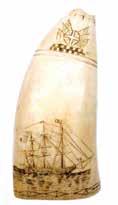 *122. POLYCHROME TOOTH WITH AMERICAN MOTIFS. Front with an over the stern, starboard view of an American ship. Flags and water with red and blue coloring.