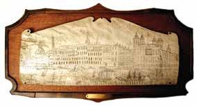 *160. EXTREMELY LARGE PANBONE PANEL scrimshaw decorated with a panoramic view of the Thames with numerous large buildings in the background. In the river are several ships and other sailing vessels.