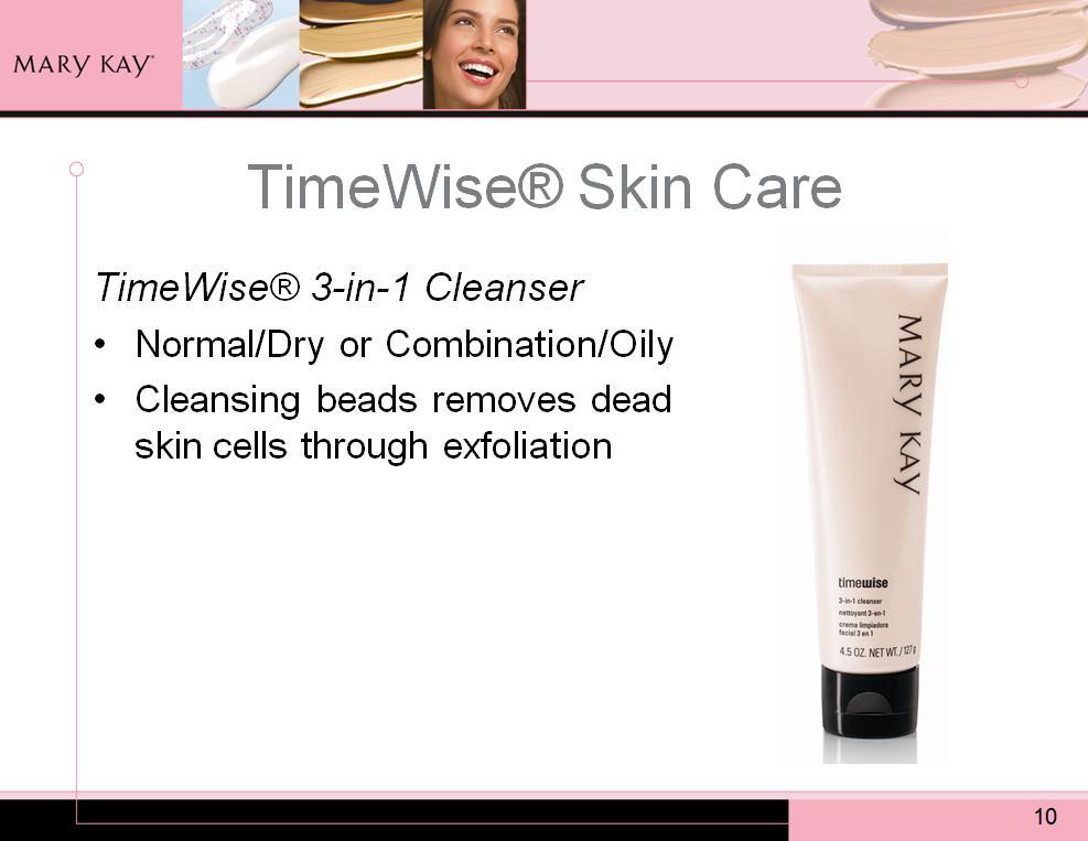 The products that make up the TimeWise Skin Care line are: TimeWise 3-in-1 Cleanser a normal-to-dry formula or a
