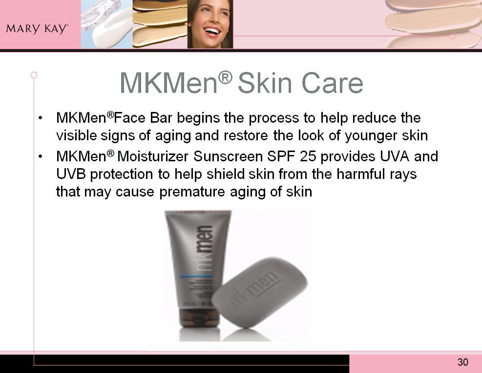 MKMen Skin Care includes: MKMen Face Bar begins the process to help reduce the visible signs of aging and restore the look of younger skin.