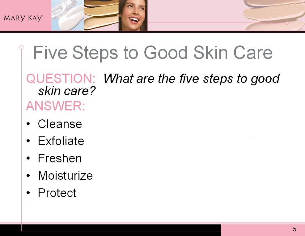 If you have taken the Skin Knowledge Workshop, you learned about the five steps to good skin care. If not, you may already be familiar with the five steps.