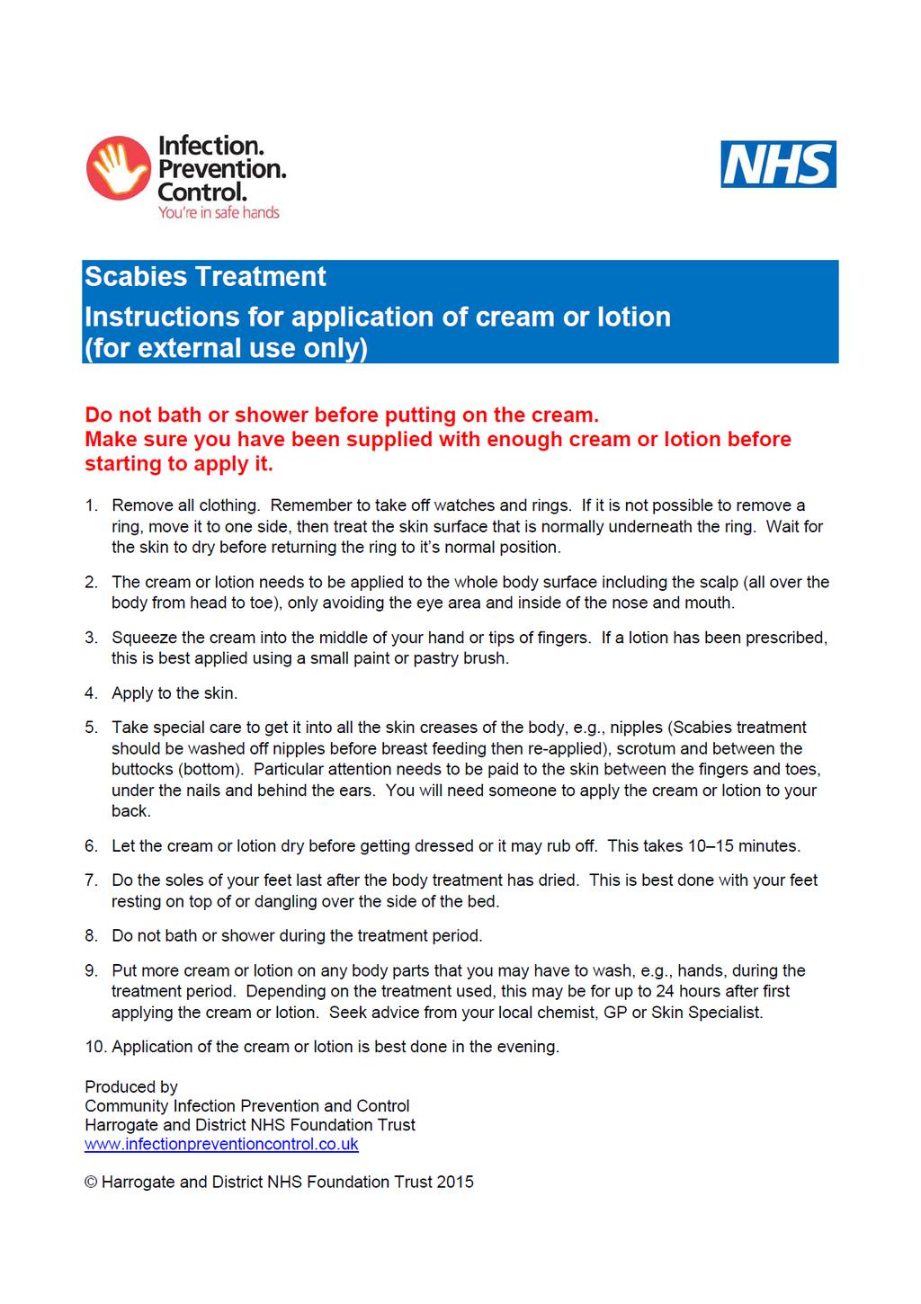 Appendix 1: Scabies Treatment Instructions for application of cream or lotion