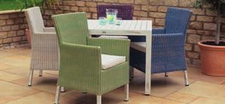 The 100cm square aluminium table looks great with any of the coloured chairs and the woven tables are offered in 120cm & 150cm round tables in the Blue and White wash only.