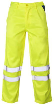 Conforms to EN ISO 20471 Class 1 2 bands of retro-reflective tape per leg Polyester/cotton fabric 2 front side pockets Back zipped pocket Back ruler pocket marshalling, driving, construction,