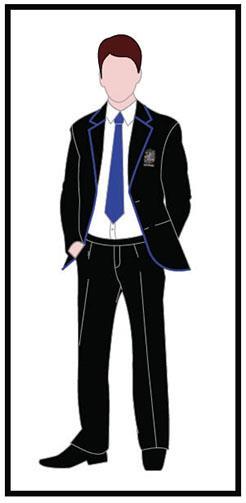3.2.Boys Academy Uniform Black ii blazer with blue trim and Academy badge Black trousers White shirt Academy tie, to be worn at a standard length with Academy crest on display Plain Black V neck