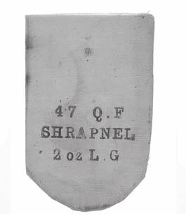 , Steel, Common Shell, 4lbs.8oz, P&FG... 18.00 AE108 CIRCA 1898 WHITE SILK CANNON POWDER BAG.