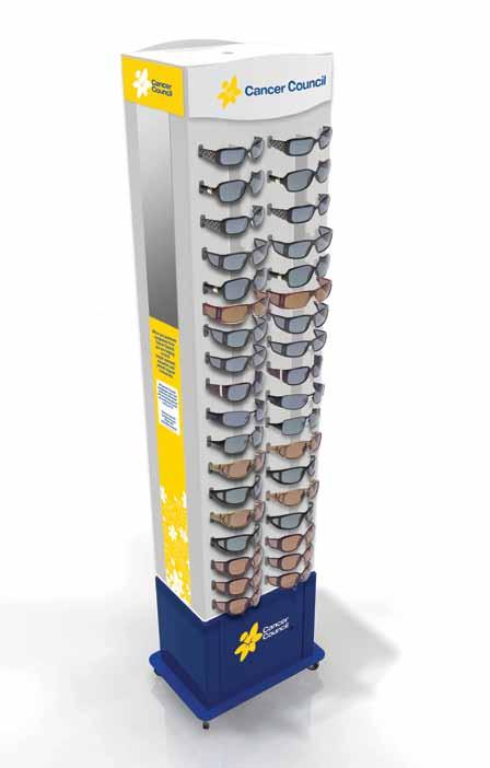 FIXTURES. COUNTER DISPLAY Double sided counter display Holds 24 pairs of sunglasses Rotates 360 degrees Footprint 270 x 350 mm Height 590 mm Mirrors on 2 sides FIXTURES.