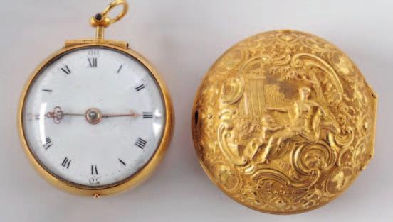 37mm diameter with Roman numerals in a gold case with hallmarks for London 1796, the outer case decorated in relief with Venus and Cupid within a surround of scrolls,