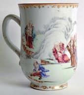 Lot 105 105 A GOOD 18TH CENTURY CHINESE EXPORT TANKARD Qianlong, painted with nine buddhistic figures in various pursuits within a landscape. 5.75ins high.