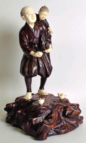 ORIENTAL ART CONTINUED 167 MANNER OF SHIMATAKA SEISAKU (C1890) A LATE 19TH CENTURY JAPANESE MEIJI PERIOD BRONZE AND IVORY OKIMONO modelled as a male holding a hen, with a child upon his back, the