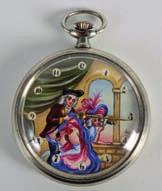 503 DEXA EROTIC POCKET WATCH the dial painted with an amusing scene of a male and female exposed within an interior. 2ins wide.