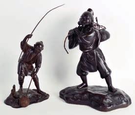 600-800 20 A LATE 19TH CENTURY JAPANESE MEIJI PERIOD BRONZE FIGURE OF A FISHERMAN modelled with his catch upon his back, together with another