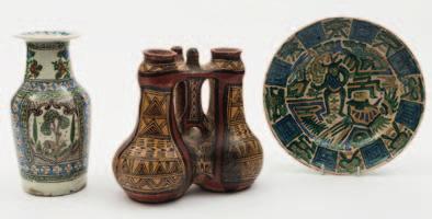 40-60 585 A Qajar vase, a similar dish and a North African double flask the vase and dish with figural, animal and foliate decoration, 24 and 25 cm, the flask