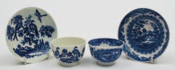 627 Two Worcester First Period porcelain tea bowls and saucers one painted in blue with the Birds in Branches pattern, the latter printed in blue in the Circled Landscape pattern, both with hatched