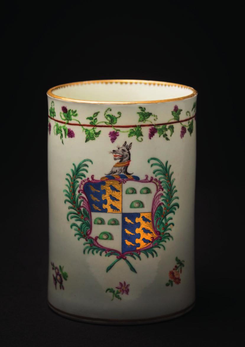 636 A Worcester [First Period] armorial mug of cylindrical form with grooved loop handle, decorated in the atelier of James Giles with the coat-of-arms of Fleetwood with wolf s head crest and