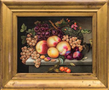 150-200 650 A large early 19th century English porcelain rectangular plaque painted in the manner of Thomas Steel with fruit including plums, peaches, grapes, gooseberries, cherries and a gourd on a