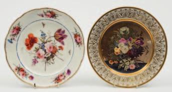 150-250 651 A Nantgarw porcelain botanical plate and an English plate in the French style the first painted in London with a large central floral spray and insects surrounded by a blue enamel line,