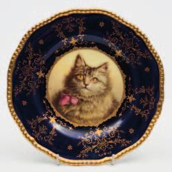 backstamps, circa 1900-20, stand 46 cm long, 200-300 673 A Coalport porcelain cabinet plate of silver shape with gilt rope edging, the centre enamelled by Tom Keeling with a portrait of a tabby cat