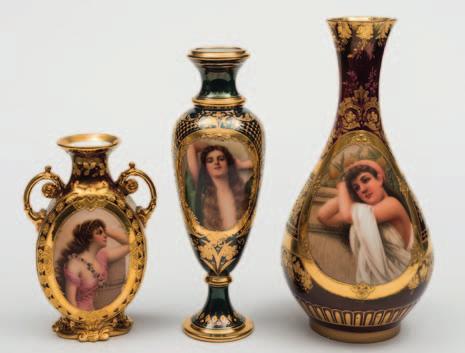 200-400 686 A group of three Vienna-style vases of baluster form, one with foliate scroll handles, each painted with a portrait of a maiden with long flowing hair on gilt tooled grounds, titled