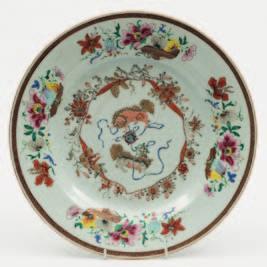 lotus and a cricket, within a panelled border containing peony, chrysanthemum, prunus and other blooms, Qianlong, 32 cm diameter,