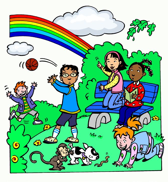 Tommy and his friends were playing in the park. Kim saw a beautiful rainbow in the sky. Look at the rainbow, said Kim.