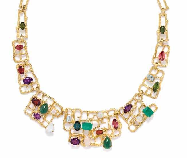257 258 259 257 an 18 Karat Yellow Gold and Multigem Demi Parure, consisting of a necklace and matching earclips in a square geometric textured link design containing numerous gemstones including
