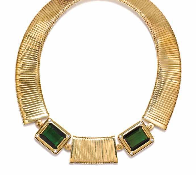 281 282 283 281* a Vintage 18 Karat Yellow Gold, tourmaline and Diamond collar necklace, Weingrill, consisting of three tubogas link sections with two hinged rectangular links containing two