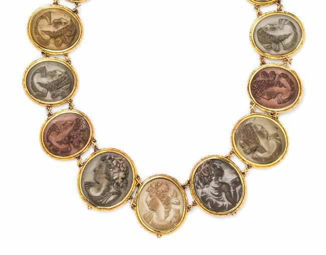10 11 12 10 a Victorian Yellow Gold and Lava cameo necklace, circa 1860, consisting of 15 carved varicolored oval lava cameos depicting Classical female proiles, the cameos measuring from