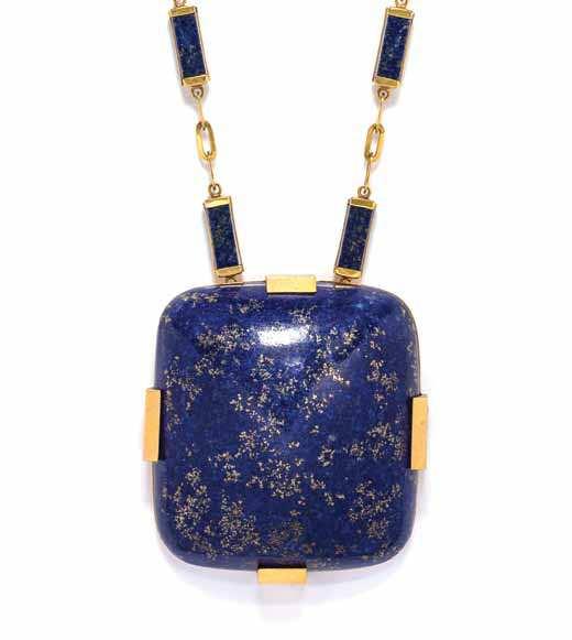 336 337 336* a collection of Yellow Gold and Lapis Lazuli Jewelry, consisting of a yellow gold necklace containing one cushion shape cabochon cut lapis lazuli measuring approximately 75.00 x 70.