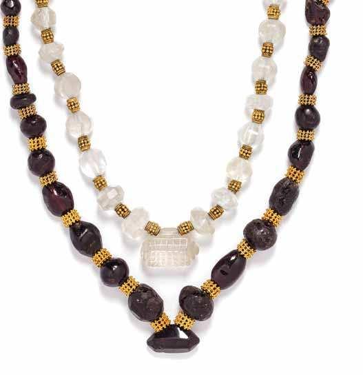 378 379 380 378 a collection of Yellow Gold, Rock crystal and Garnet Bead necklaces, consisting of one necklace containing numerous faceted rock crystal beads measuring approximately 7.45-15.