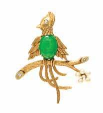 Property from the Estate of Rebecca Cook Schoonmaker, Pittsburgh, Pennsylvania $2,000-3,000 390* a Yellow Gold, Jadeite Jade, cultured Pearl and Diamond Bird Brooch, composed of a central oval