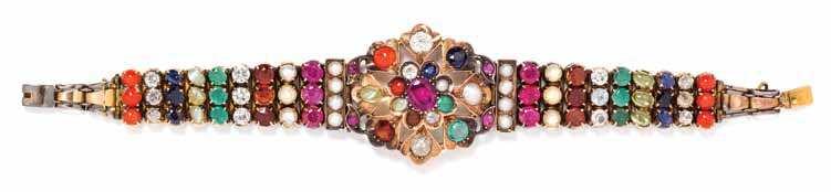 396 397 395 395 a Victorian Multigem Bracelet, containing nine round cabochon cut coral, eight old mine cut diamonds, eight round and oval mixed cut sapphires, ive oval cabochon cut cat s eye