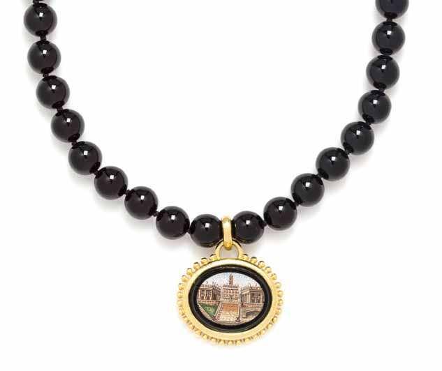 563 564 565 563 a 19 Karat Yellow Gold, onyx Bead and Micromosaic necklace, Elizabeth Locke, composed of 30 onyx beads measuring approximately 12.