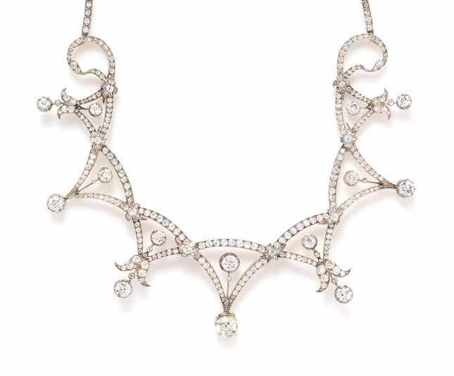 90 shown as a necklace 92 91 90 90* a Victorian Silver topped Gold and Diamond convertible tiara/necklace, consisting of a openwork link section which serves as both the tiara and necklace