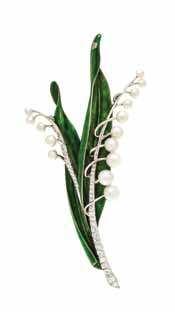 173 172 174 172* a Platinum, cultured Pearl, Diamond and Enamel Lily-of-the-Valley Brooch, udall and Ballou, containing 15 pearls measuring approximately 2.86-5.