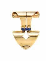 204 206 205 204 a Pair of Retro Yellow Gold and Sapphire Clip Brooches, Tifany & Co., in a spade motif with scrollwork accents, containing six round cut sapphires measuring approximately 1.