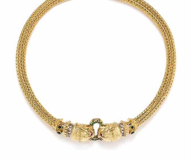 225 227 226 225 an 18 Karat Yellow Gold, Emerald, Diamond, Sapphire and Ruby collar necklace, Lalaounis, composed of two lion heads grasping a central oval section, the heads extending to a beaded