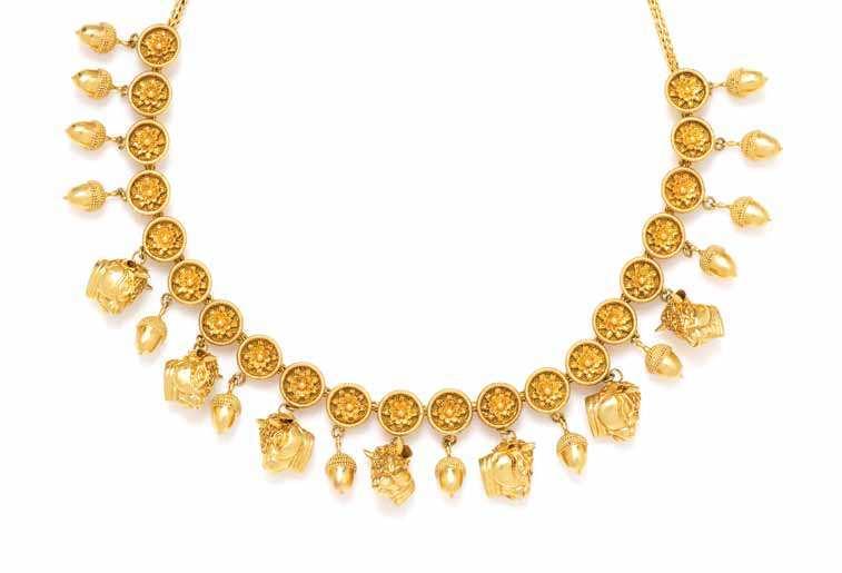 228 230 229 228 an 18 Karat Yellow Gold necklace, Lalaounis, in an Etruscan inspired style, consisting of a necklace accented with bull head and acorn motif pendants suspended from granulated loral