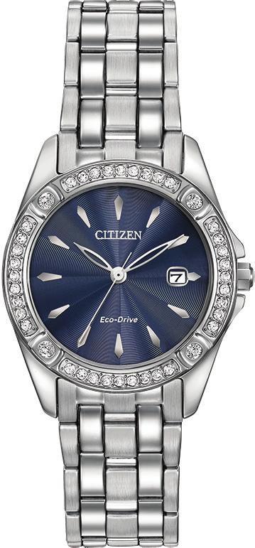 ECO-DRIVE EW23-54L EW2354-53P EW2352-59P EW23-54L Ladies steel case and bracelet, Swarovski crystal accents, blue dial, mineral crystal, 28mm case, fold over