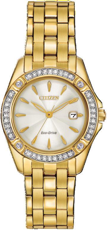 00 EW2354-53P Ladies Citizen Eco-Drive round dual-tone Swarovski crystal accents, champagne dial, mineral crystal, 28mm case, fold over clasp. EW2354-53P 375.