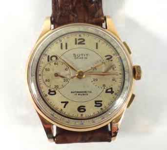 Sutit, the circular dial with black Arabic numerals, stop watch function and other subsidiary dial on a later leather strap