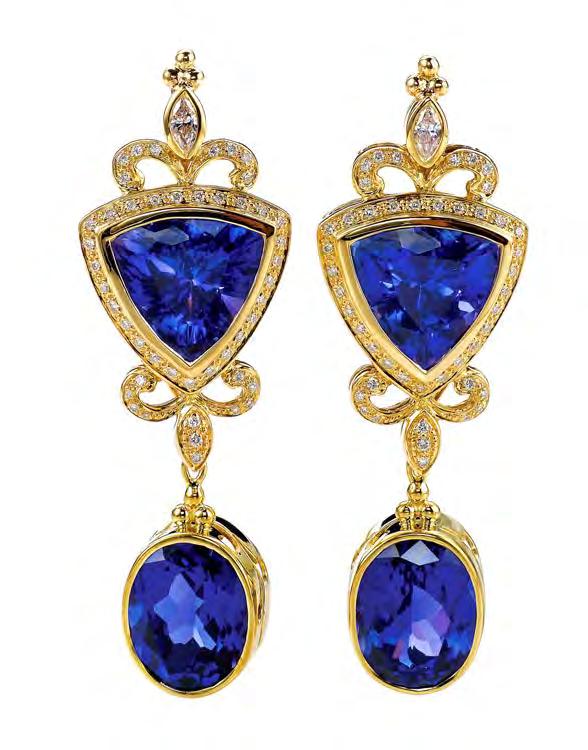 Top Right:18K yellow gold handmade earrings featuring oval and trilliant Tanzanites (34.45 ctw.) and Diamonds by Paula Crevoshay of Bottom Right:18K yellow gold ring featuring a 31.10 ct.