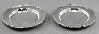 454 455 456 457 Pair of hallmarked silver open salts. Hallmarked silver square shaped dish, London, 4 1/2" diagonal. Birks sterling silver circular leaf shaped dish with handle, diameter 6 in.