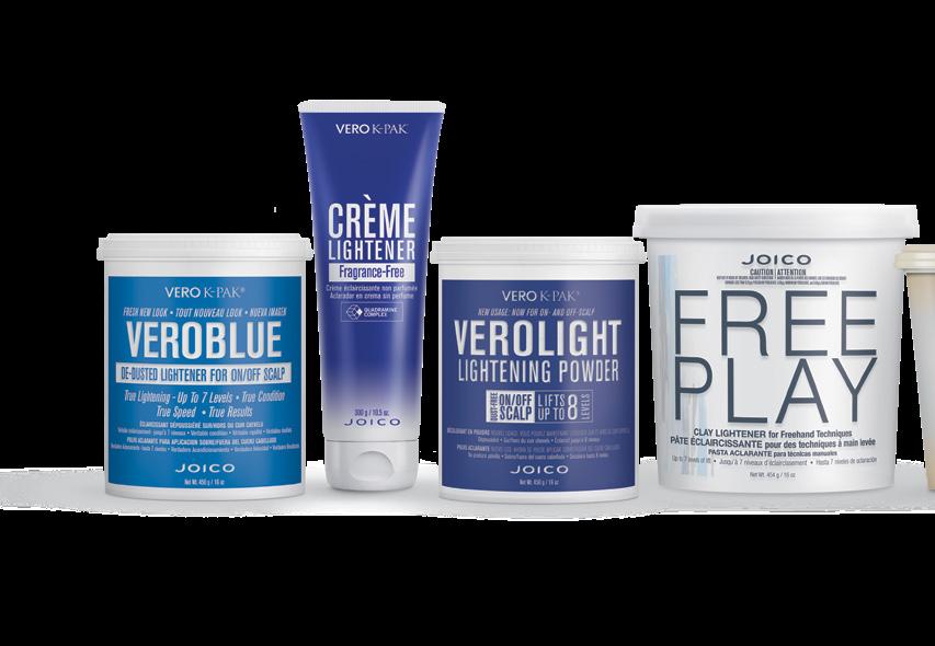 JOI COLOR SUPPORT PRODUCTS LIGHTENERS VEROBLUE LIGHTENER VERO K-PAK CRÈME LIGHTENER VEROLIGHT LIGHTENER JOICO FREEPLAY CLAY LIGHTENER For on-and off-scalp use Fragrance-free formula For on-and