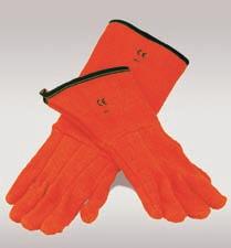 Gauntlets in two lengths provide wrist and forearm protection, and the bright orange color offers high visibility.