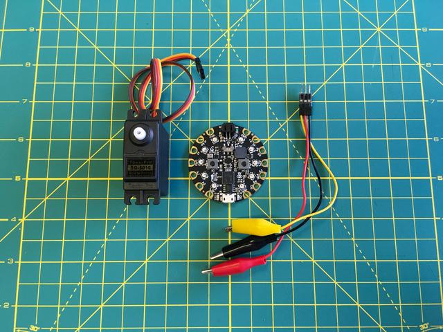 1 x Circuit Playground Express Incredibly awesome microcontroller board ADD TO CART 1 x Standard servo TowerPro SG-5010 ADD TO CART 1 x Small Alligator Clip to Male Jumper Wire Bundle 6 pieces ADD TO